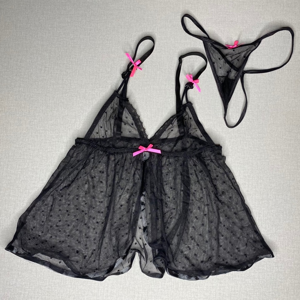 Yandy | Black Polka Dot Chemise + Thong Set